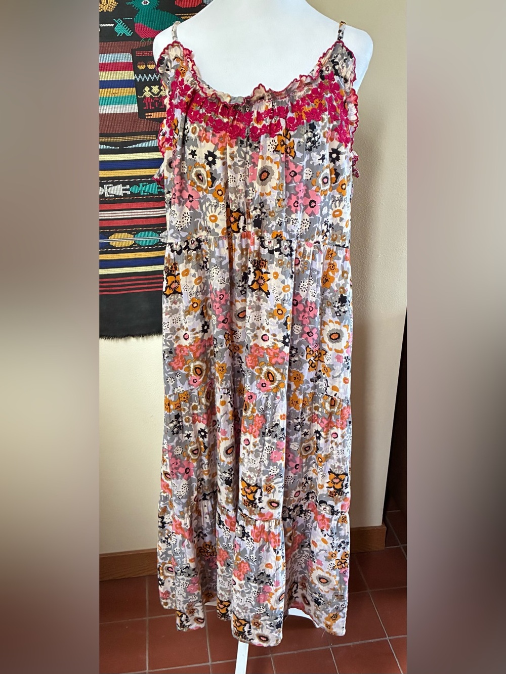 Natural Life Floral Embroidered Midi Dress Sundress XL Hippy Boho